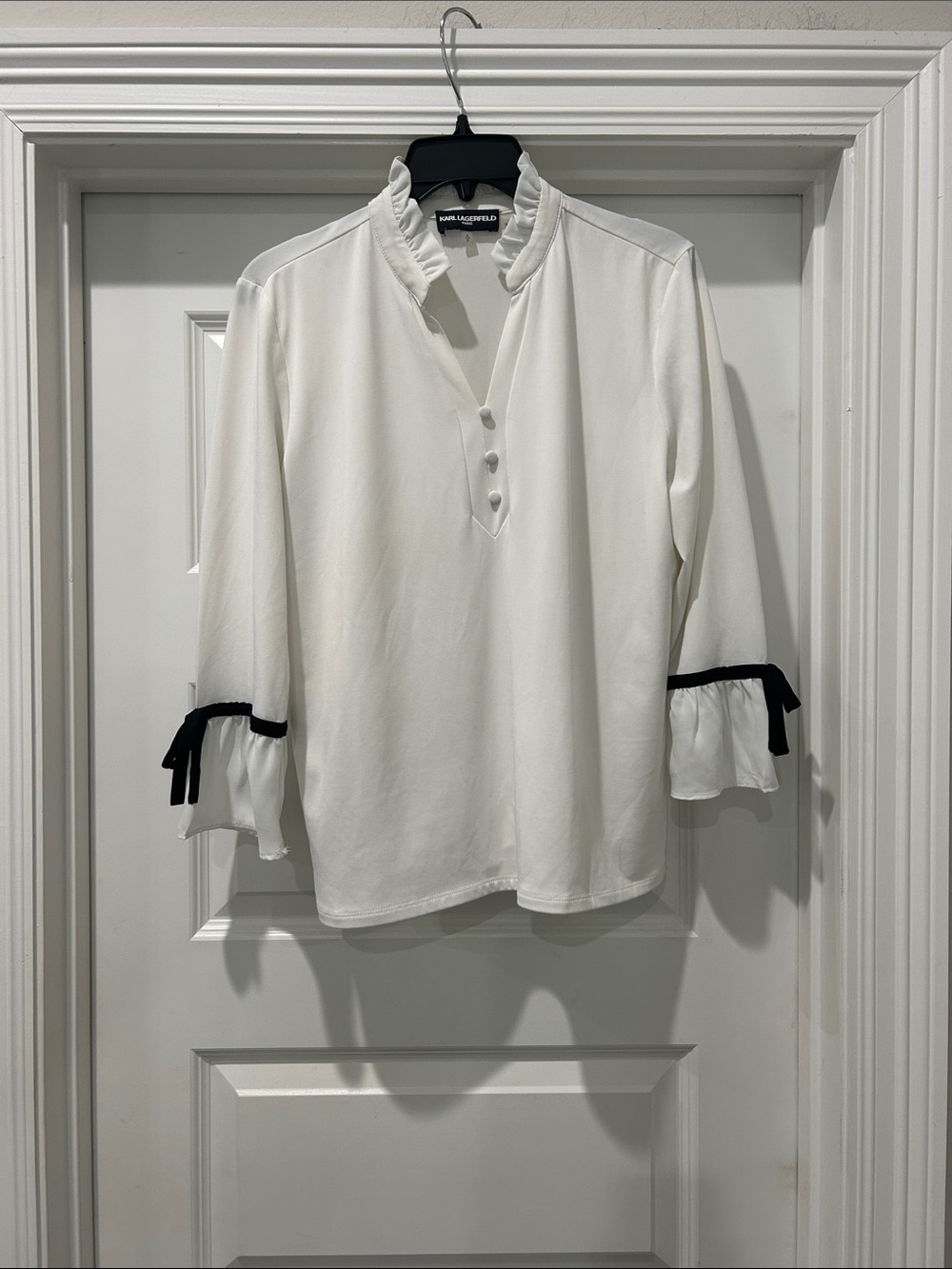 Karl Lagerfeld White Ruffle Collar Blouse with Black Cuff Ties